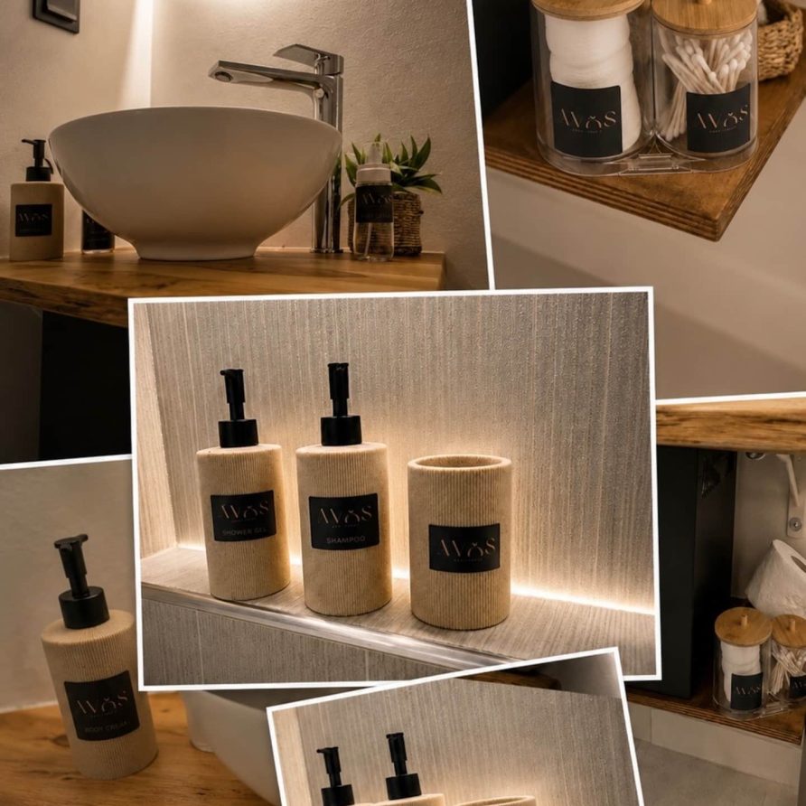 Bathroom details with backlit mirror and branded toiletries