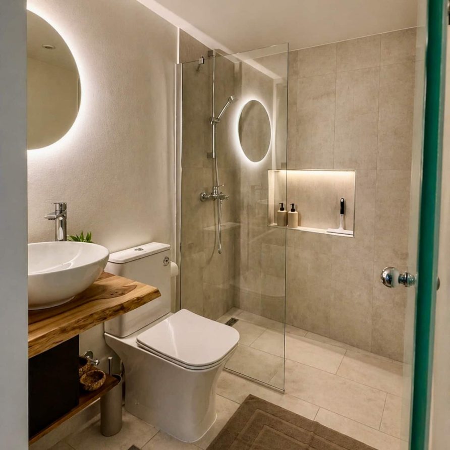 Walk-in shower and backlit mirror in the bathroom