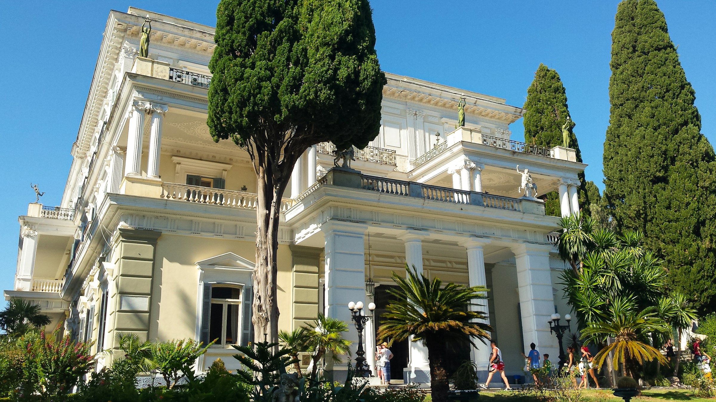 The Achilleion Palace with cypresses and palms, Corfu