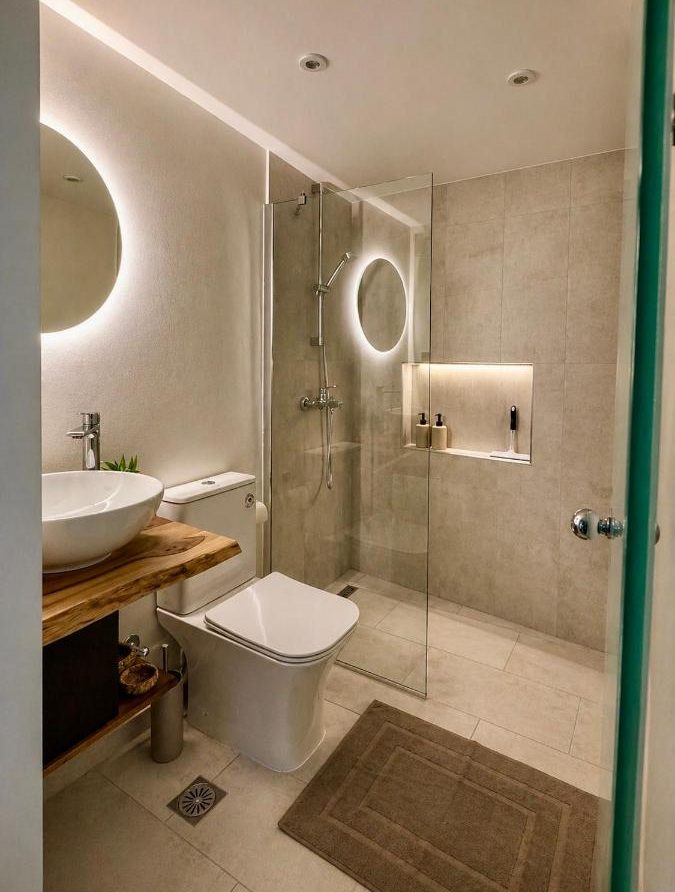 Shower, toilet and sink in the bathroom