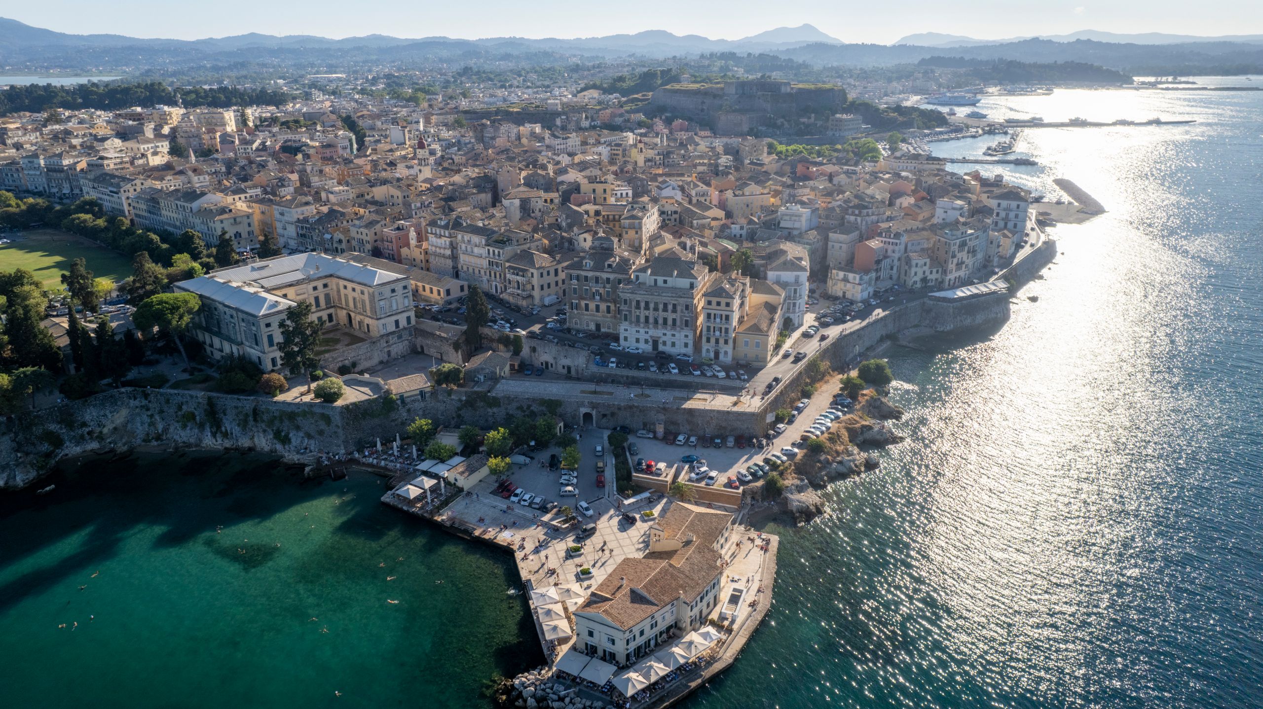 Aerial view of Corfu Old Town and the coast