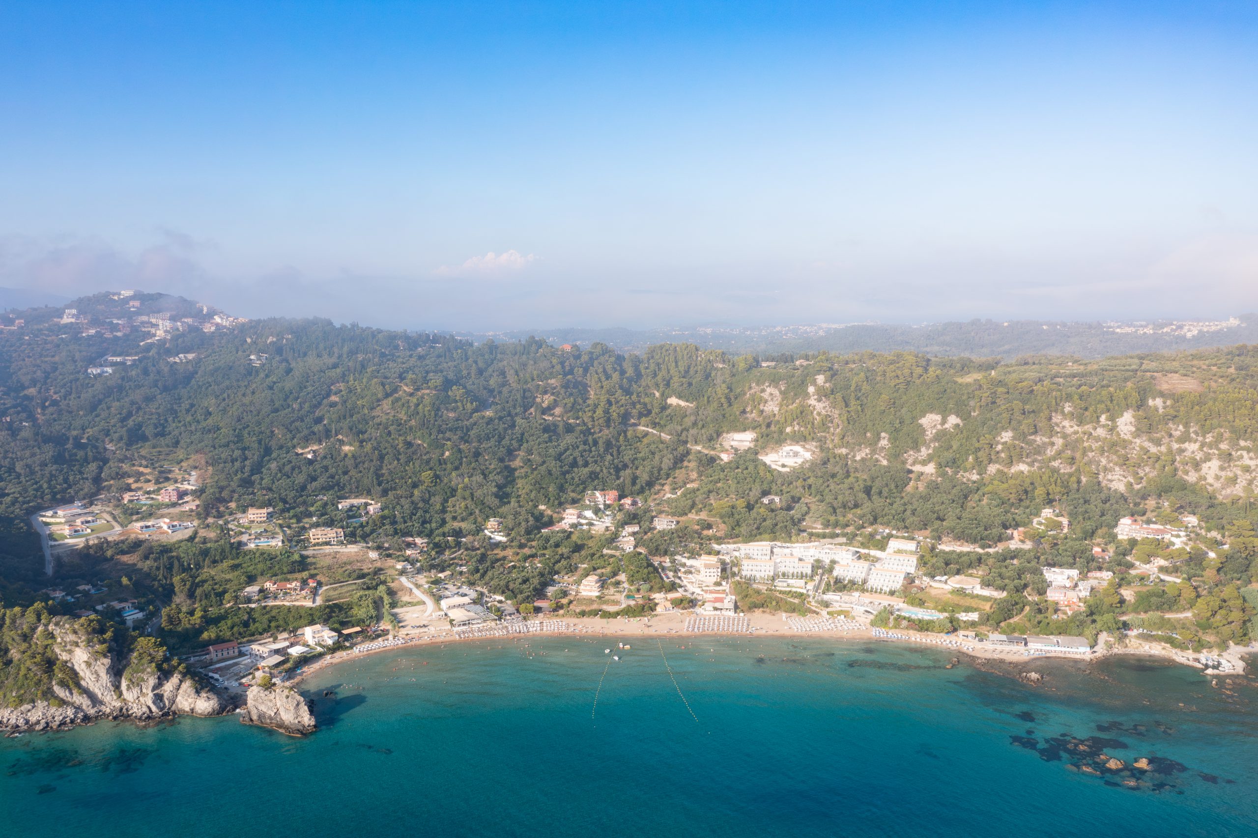 Aerial view of Kontogialos beach below Pelekas, Corfu